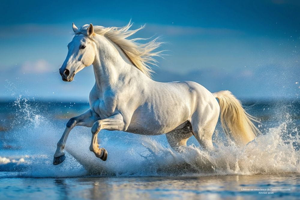 Cheval camargais entrain de courir au galop dans la mer