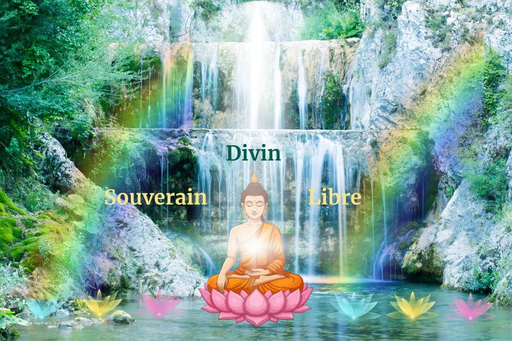 cascade de régénérescence Bouddha en méditation fréquences arc en ciel